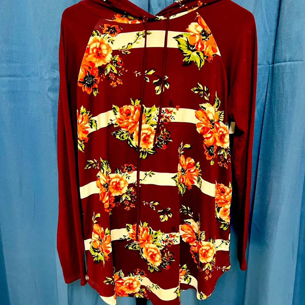 Burgundy Floral Long Sleeve Hooded Top